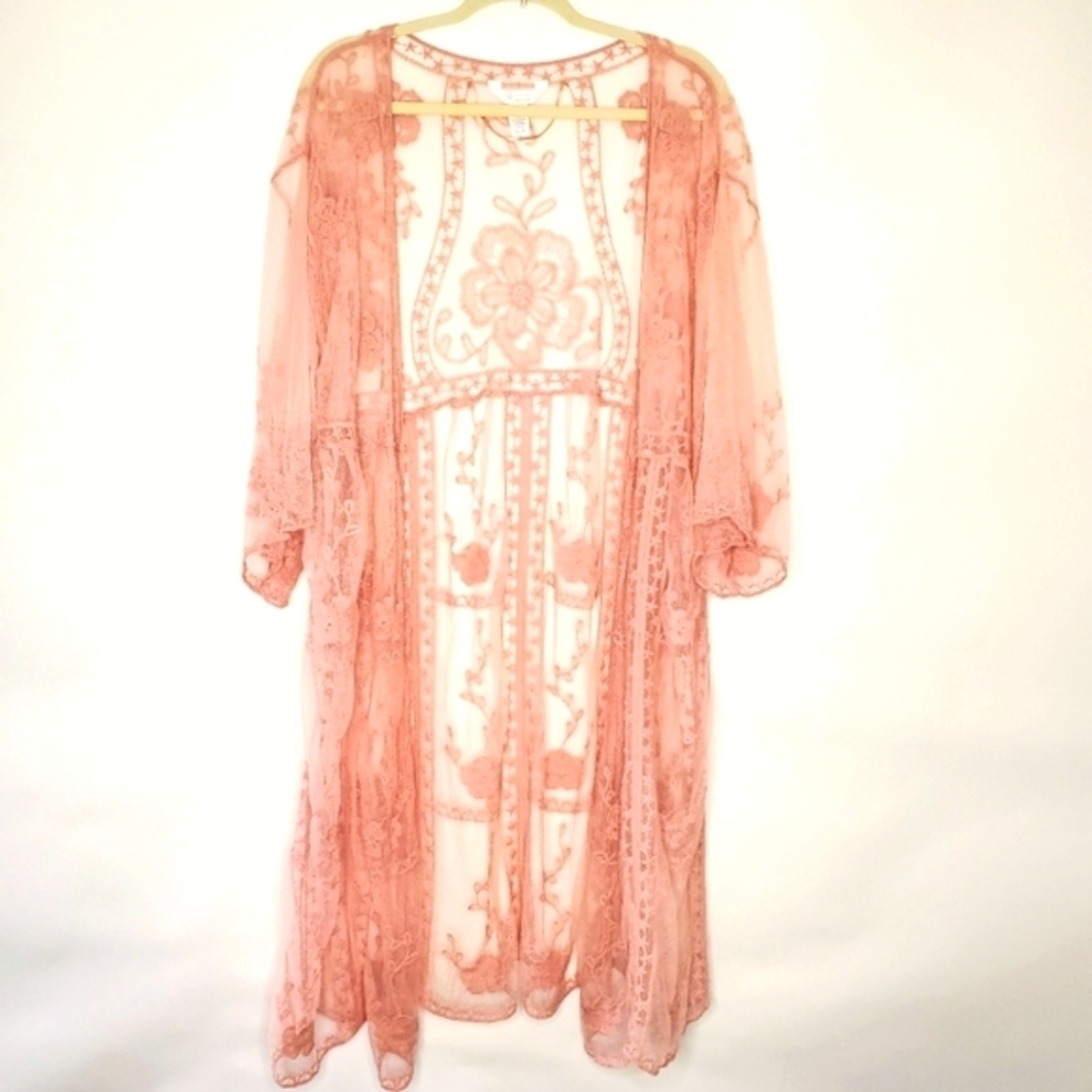 Floral Lace Embroidered Sheer Duster Open Front Fairycore Festival Spring Kimono
